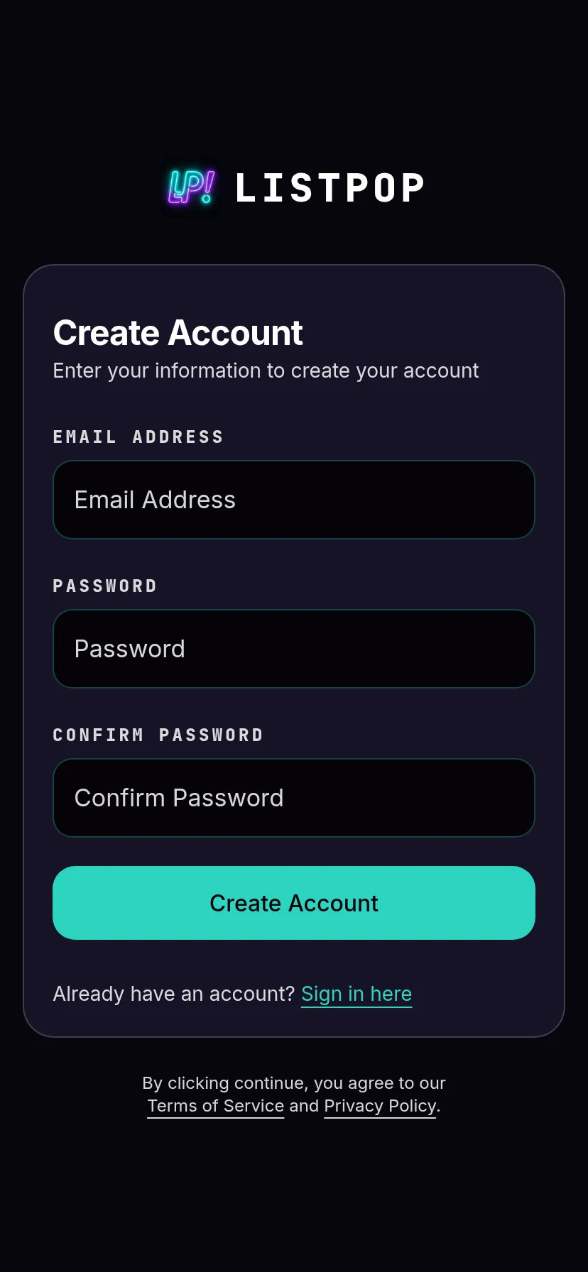 Empty create account form