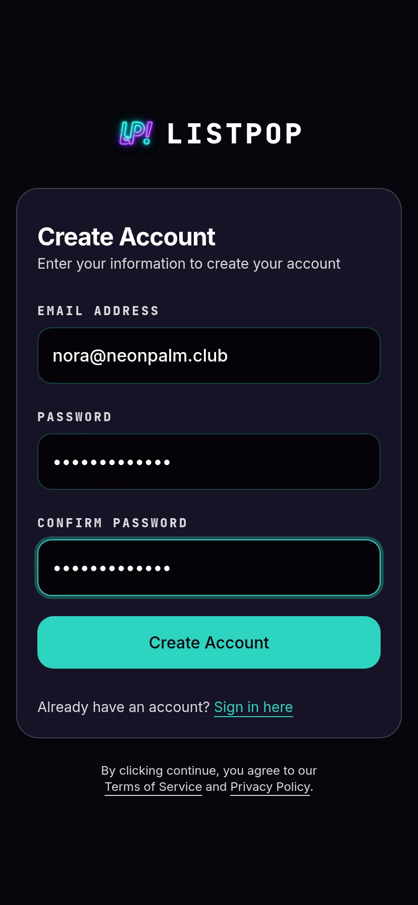 Create account form filled in
