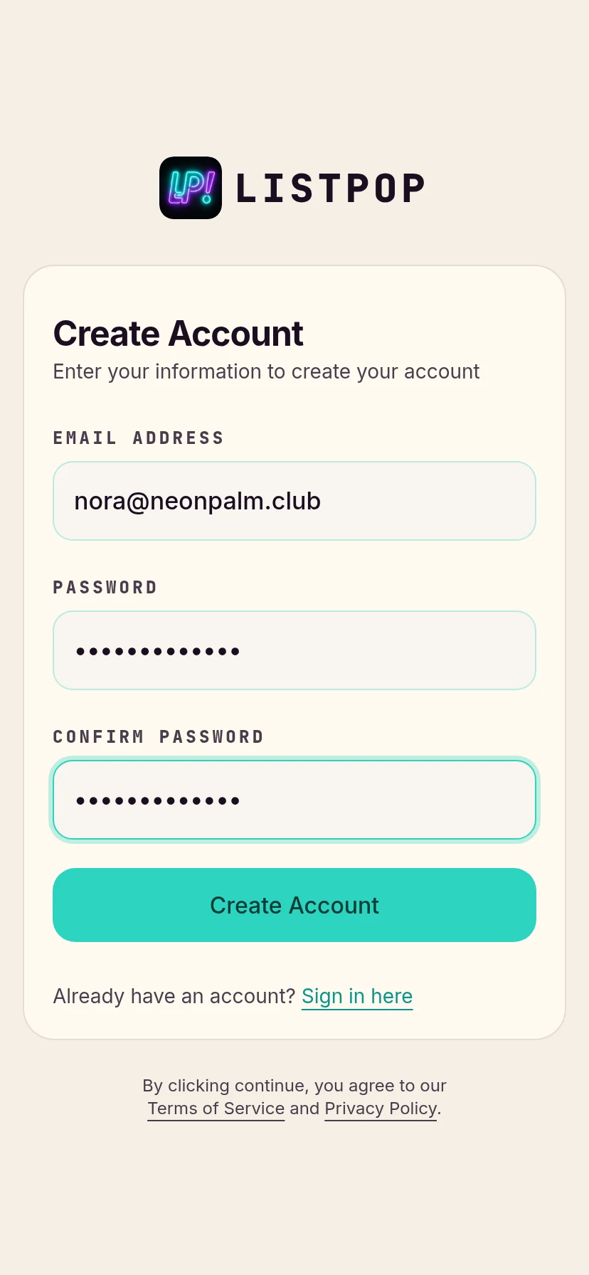 Create account form filled in