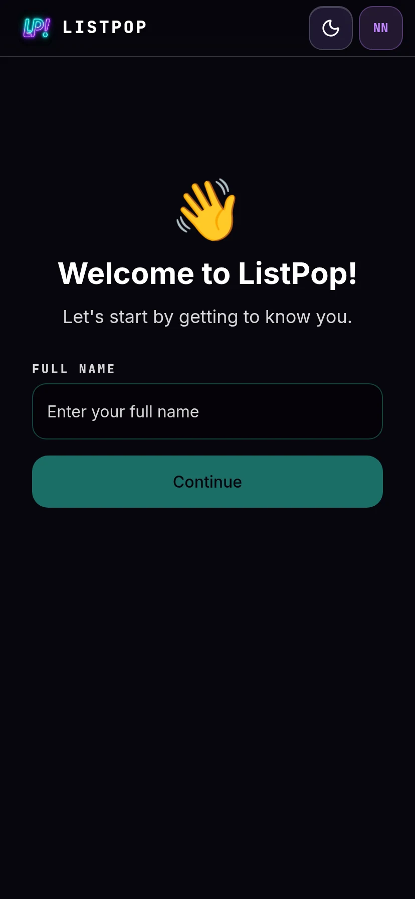 Welcome screen asking for a full name