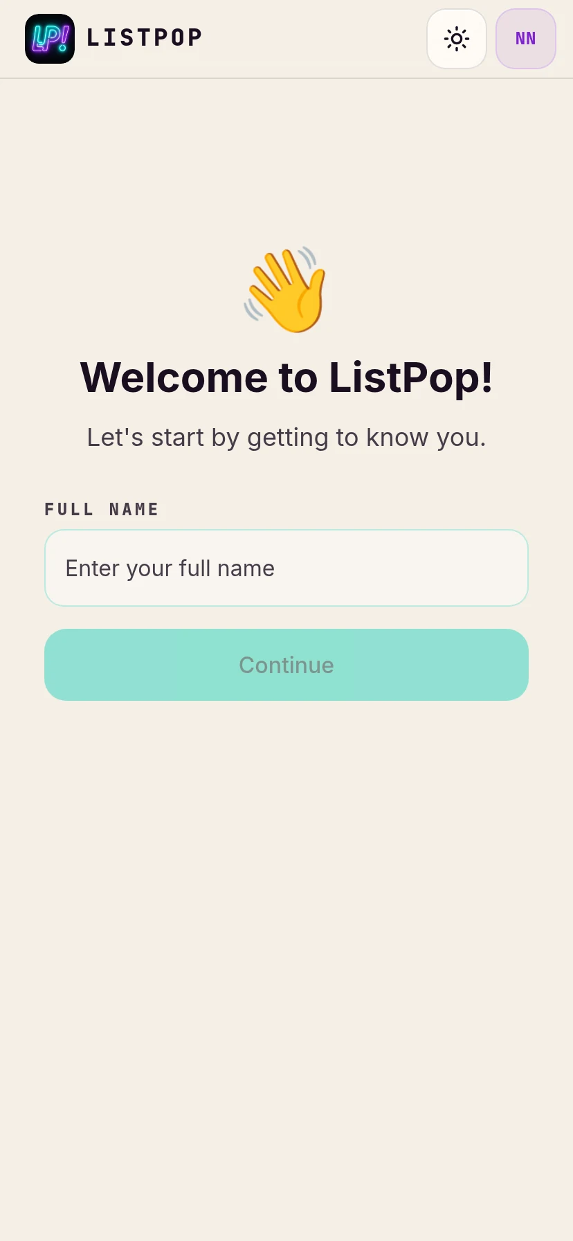 Welcome screen asking for a full name