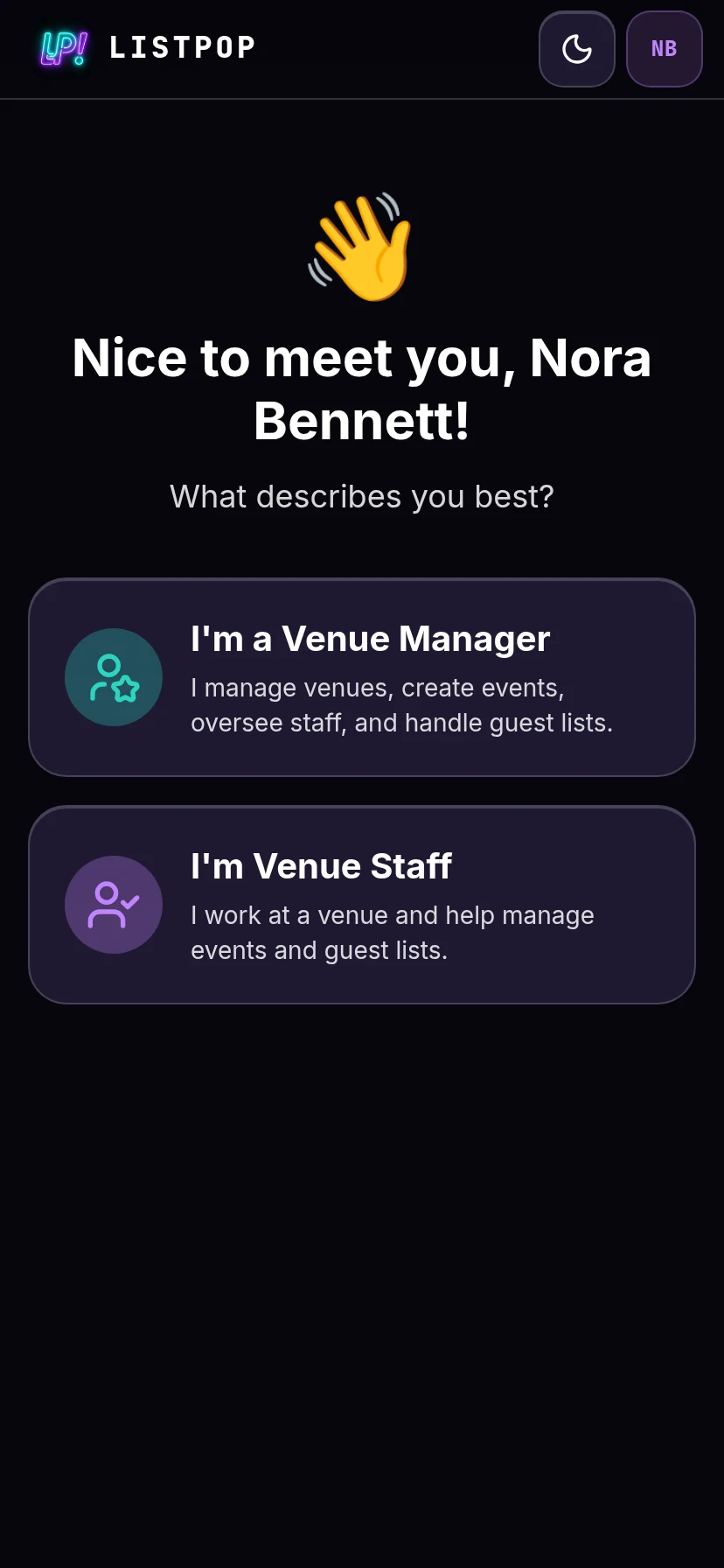 Choosing between venue manager and venue staff