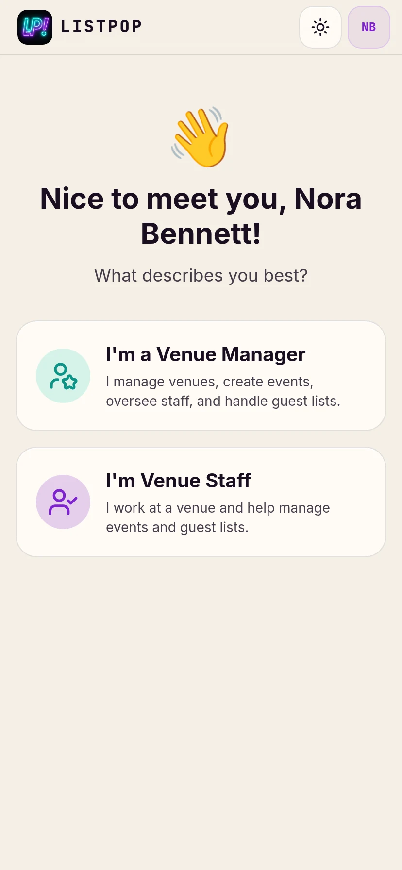 Choosing between venue manager and venue staff