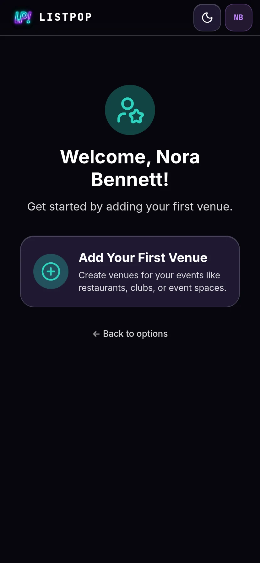 Prompt to add the first venue