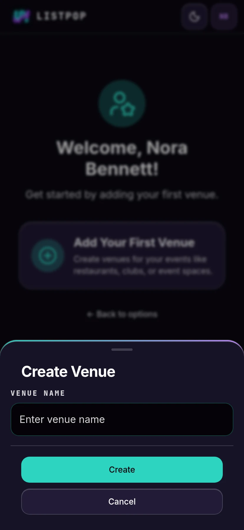Empty create venue sheet