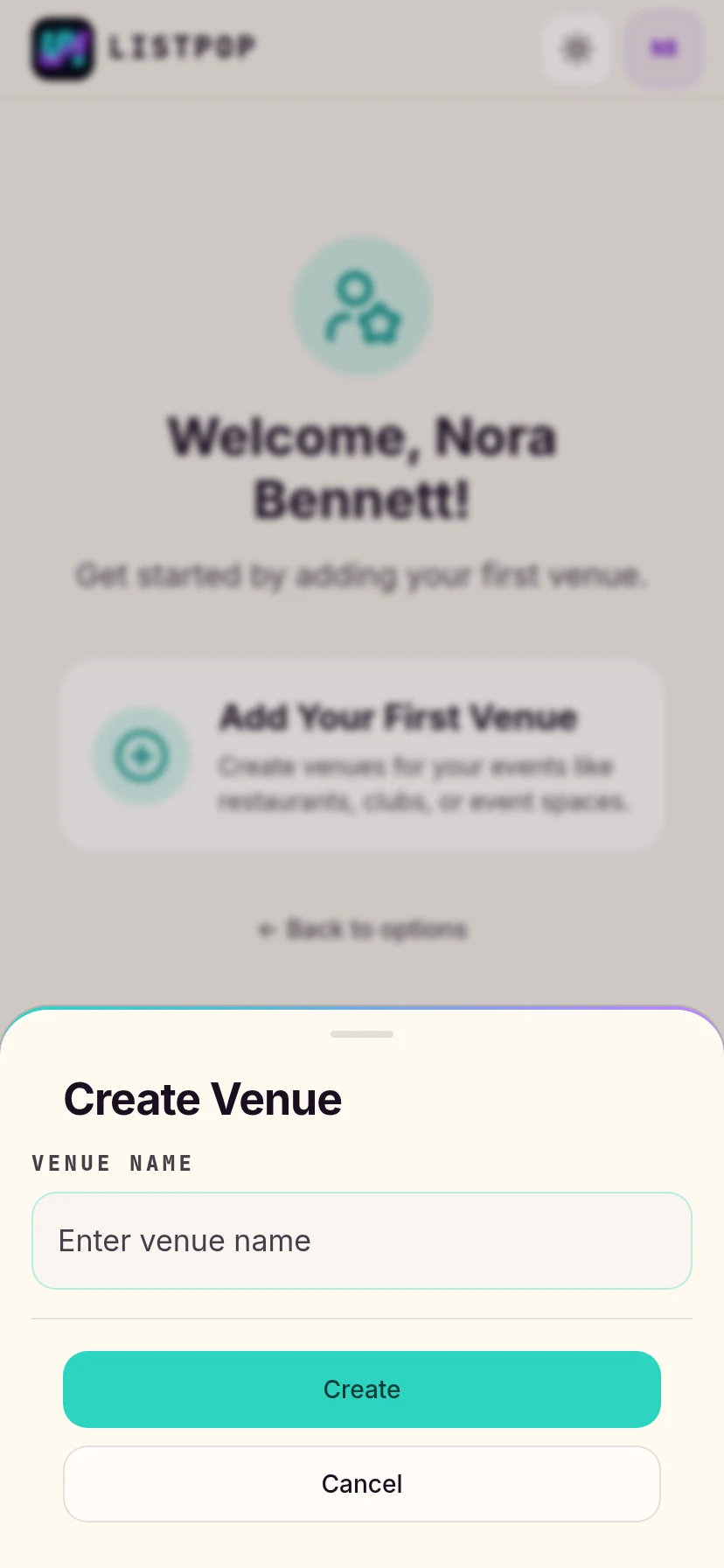 Empty create venue sheet