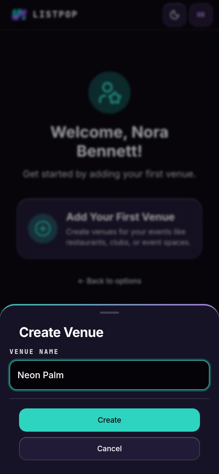 Create venue sheet with a name filled in