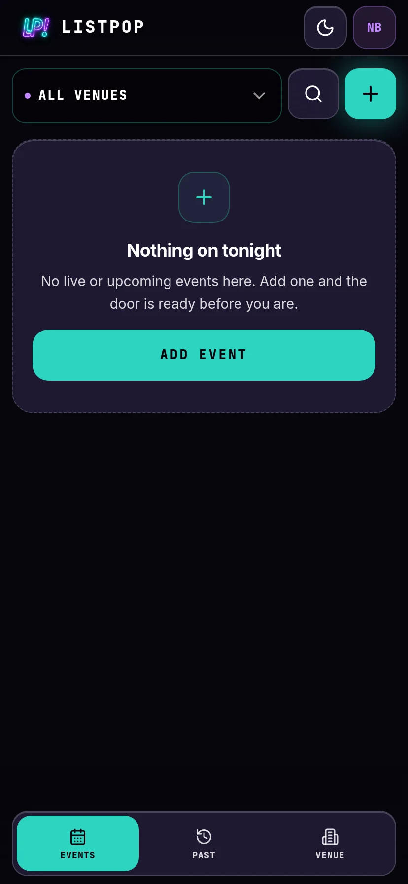 Home screen with no events yet