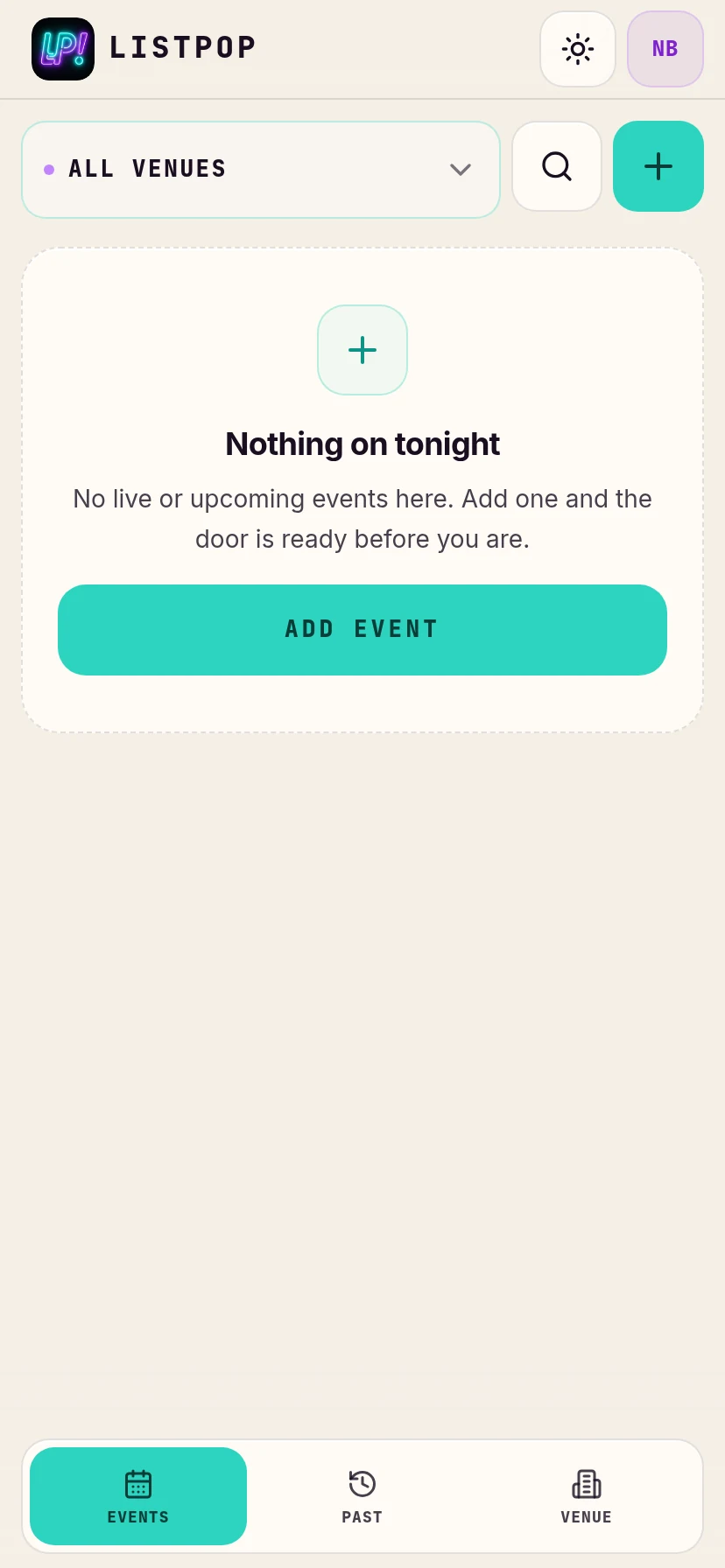 Home screen with no events yet
