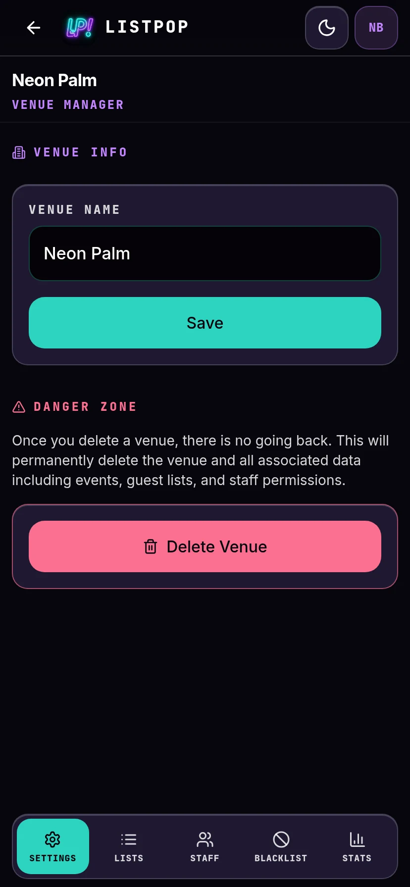 Venue settings tab