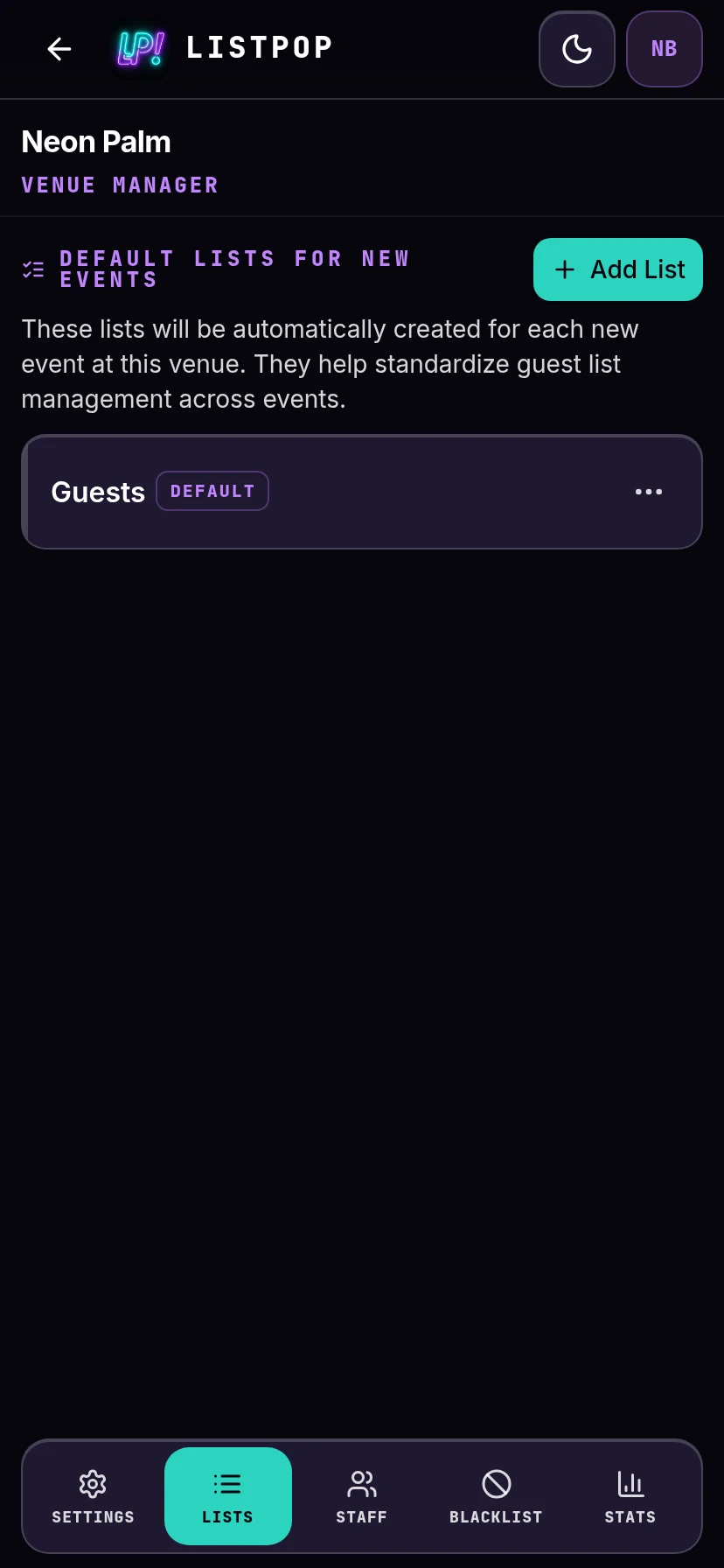 Venue lists tab with a single default list