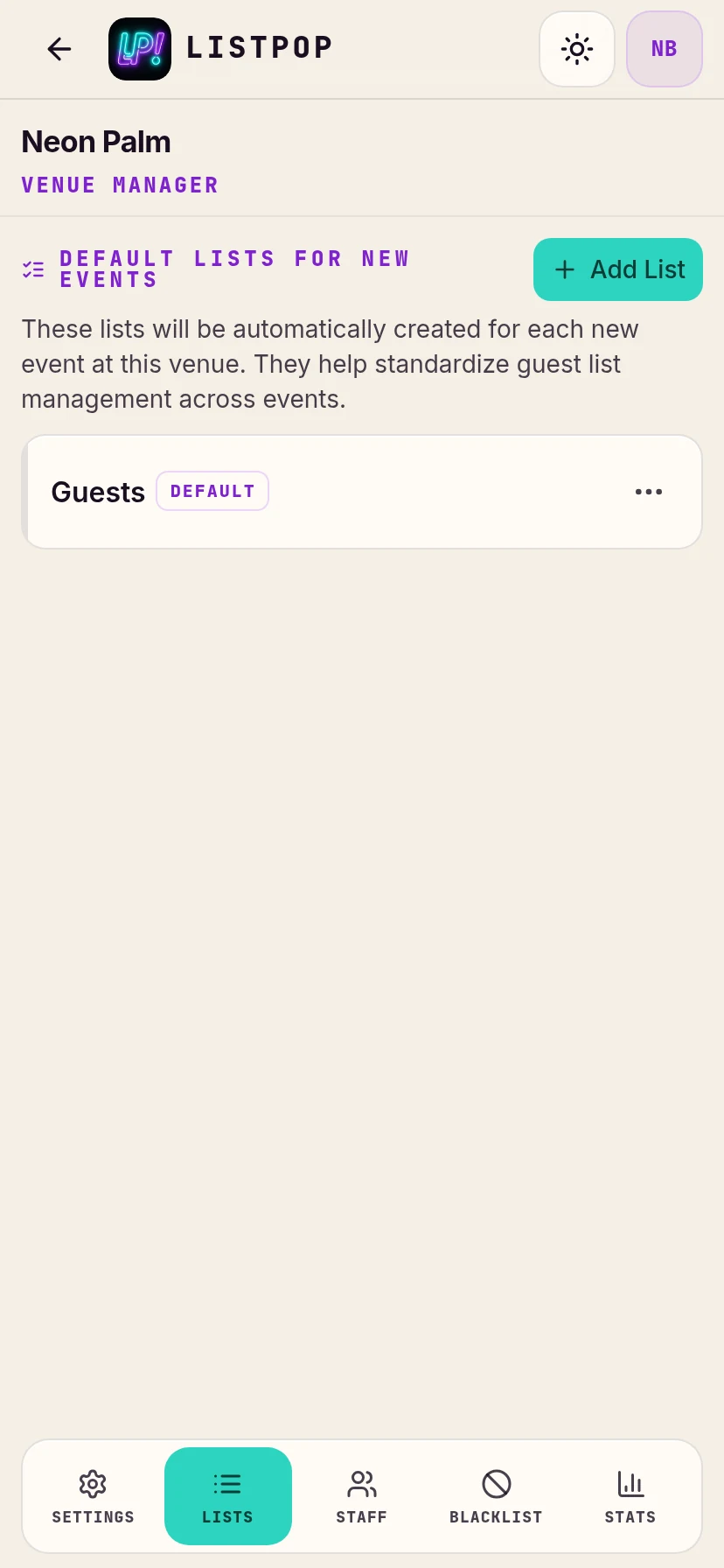 Venue lists tab with a single default list