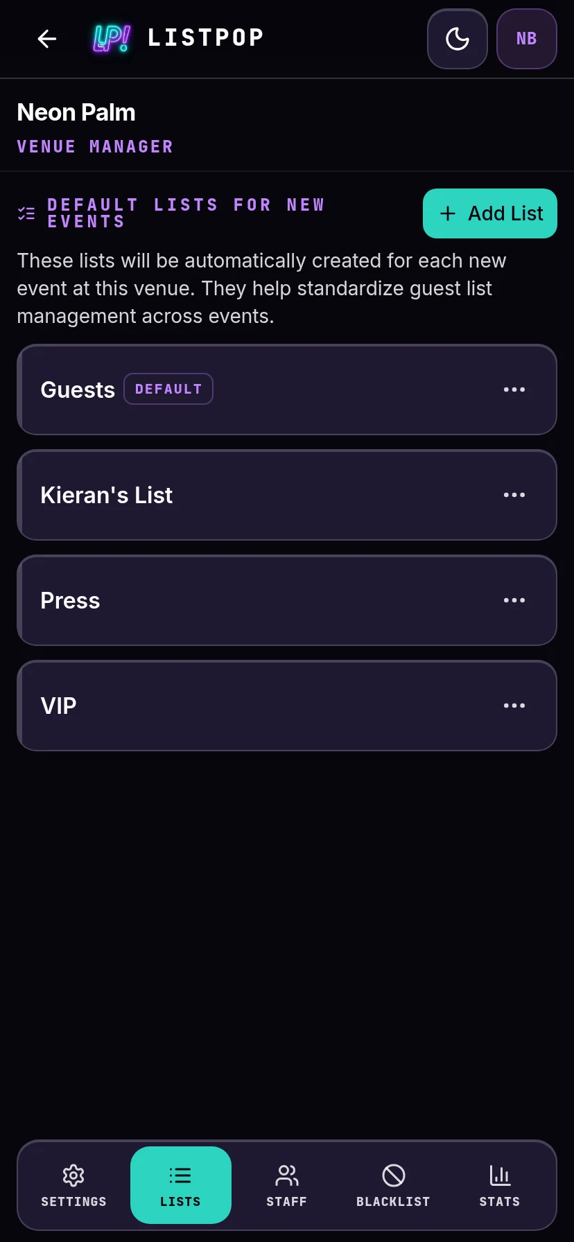 Venue with four guest lists set up