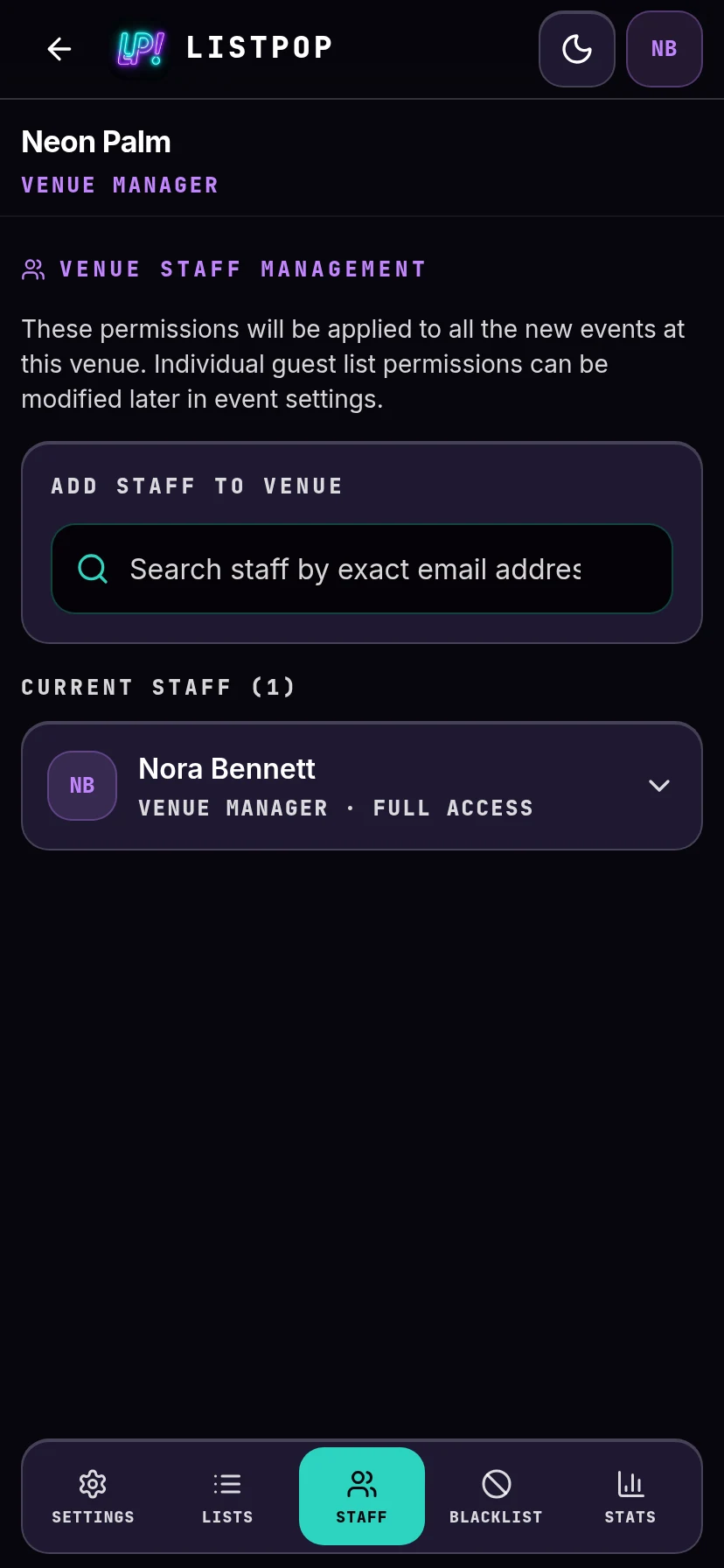 Staff tab with only the manager