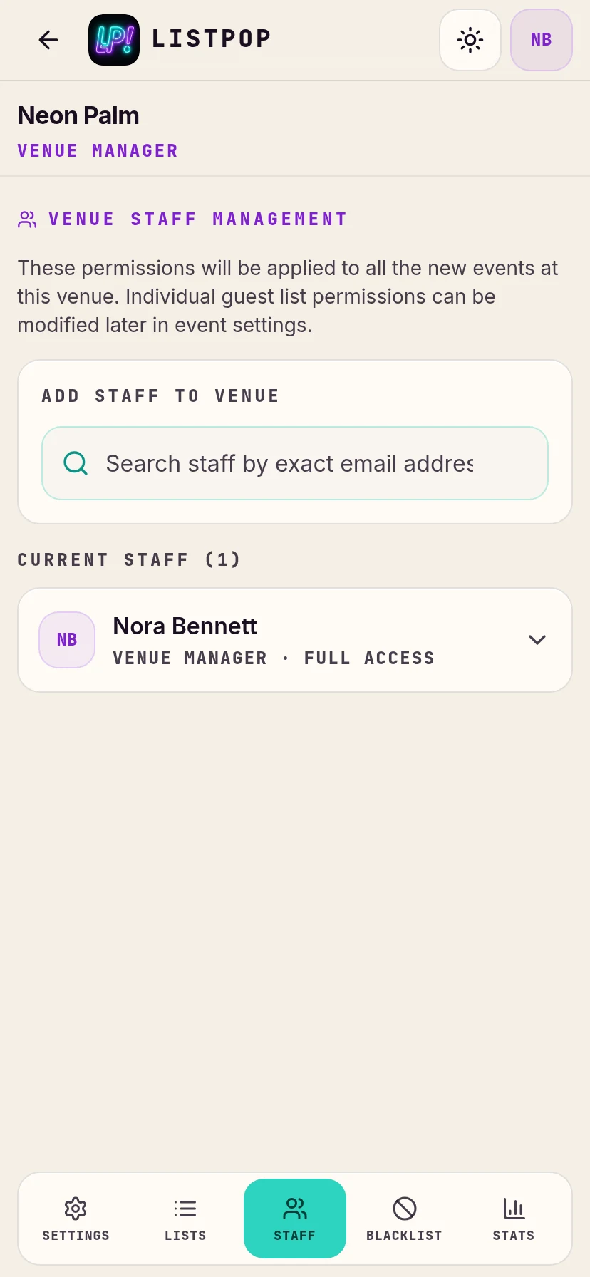 Staff tab with only the manager