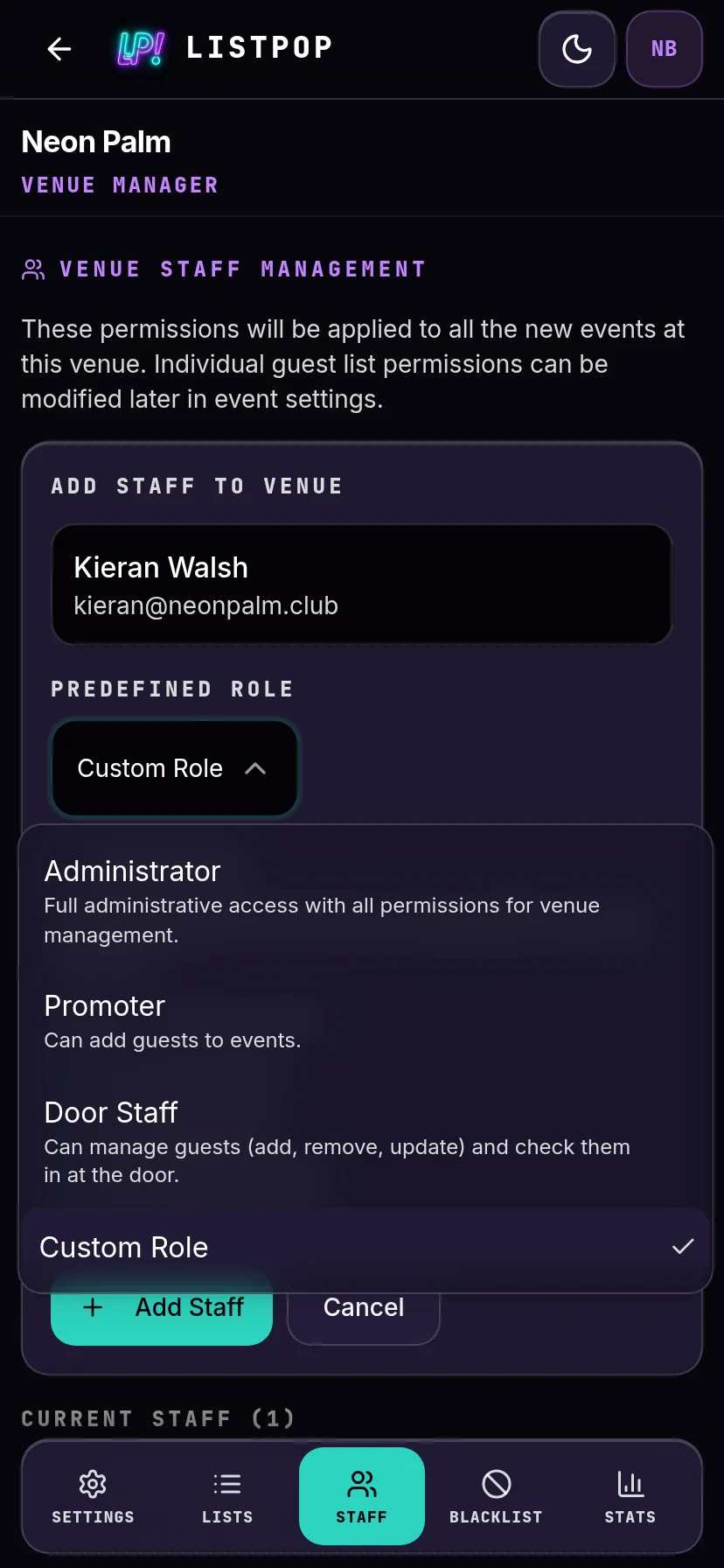 Role picker showing four roles