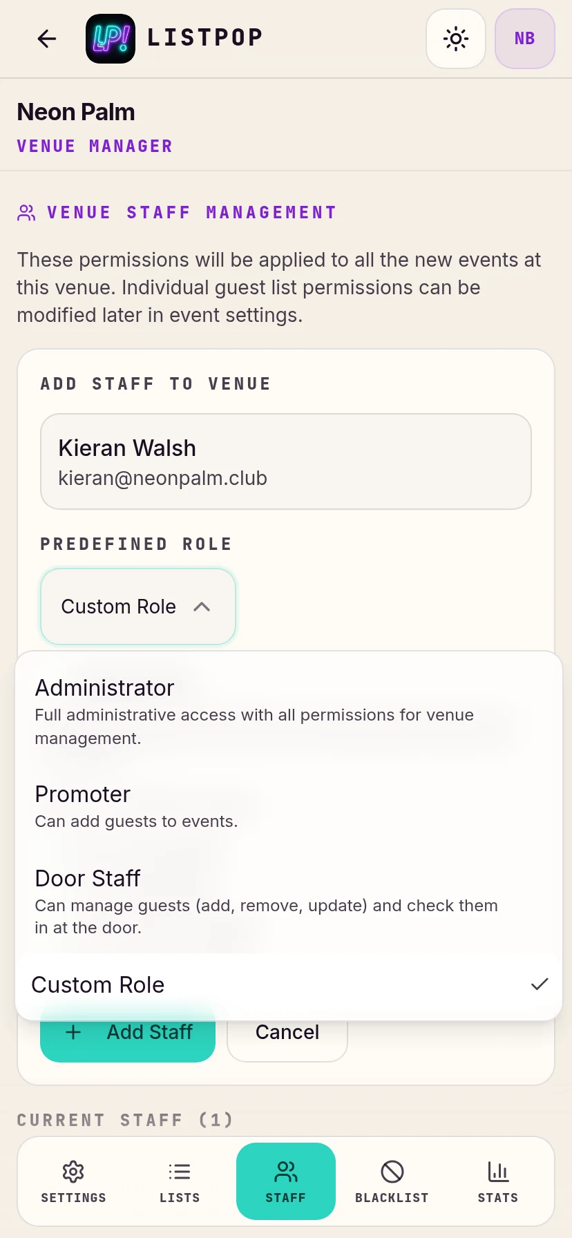 Role picker showing four roles