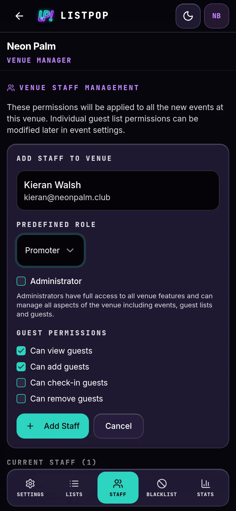 Promoter role selected with its permissions shown