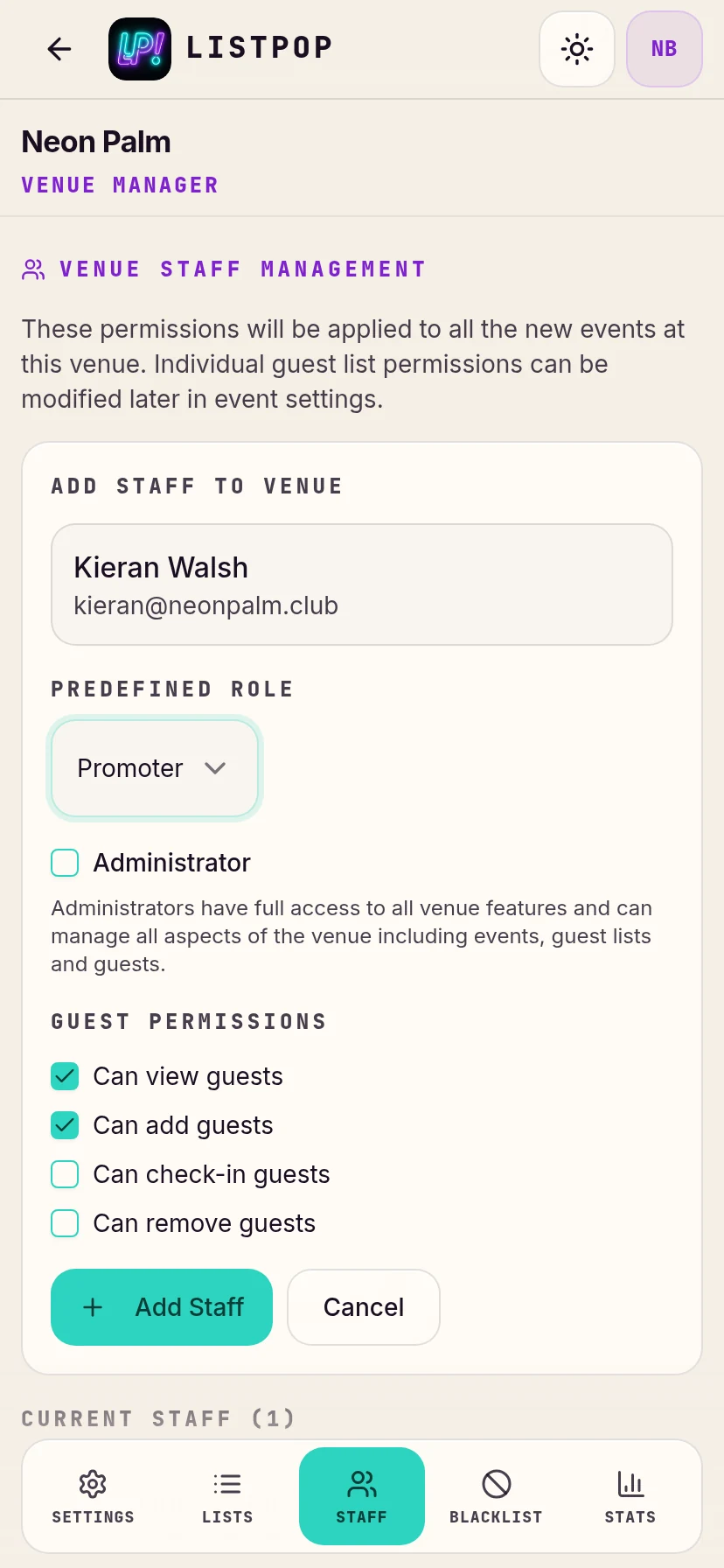 Promoter role selected with its permissions shown