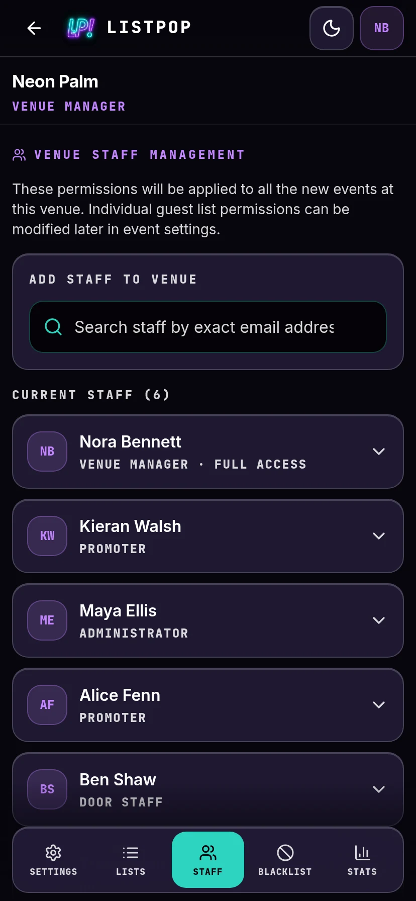 Venue staff list with five members