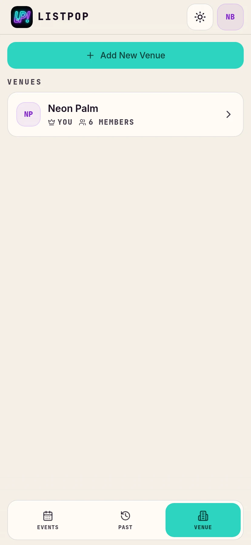 Venues page with one venue