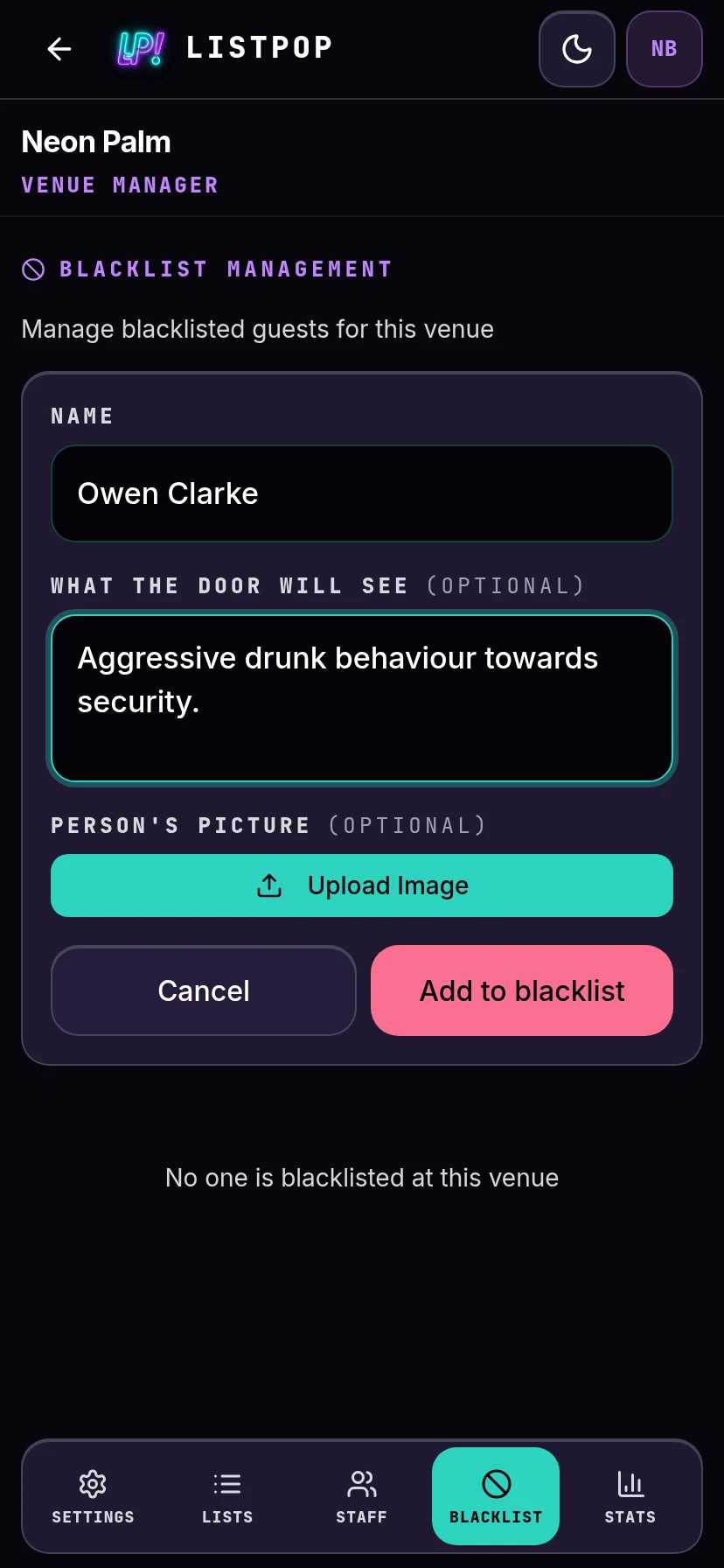 Blacklist form with a name and reason