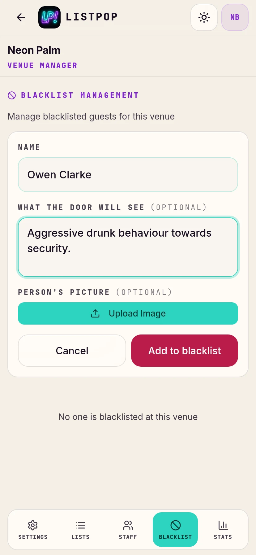 Blacklist form with a name and reason