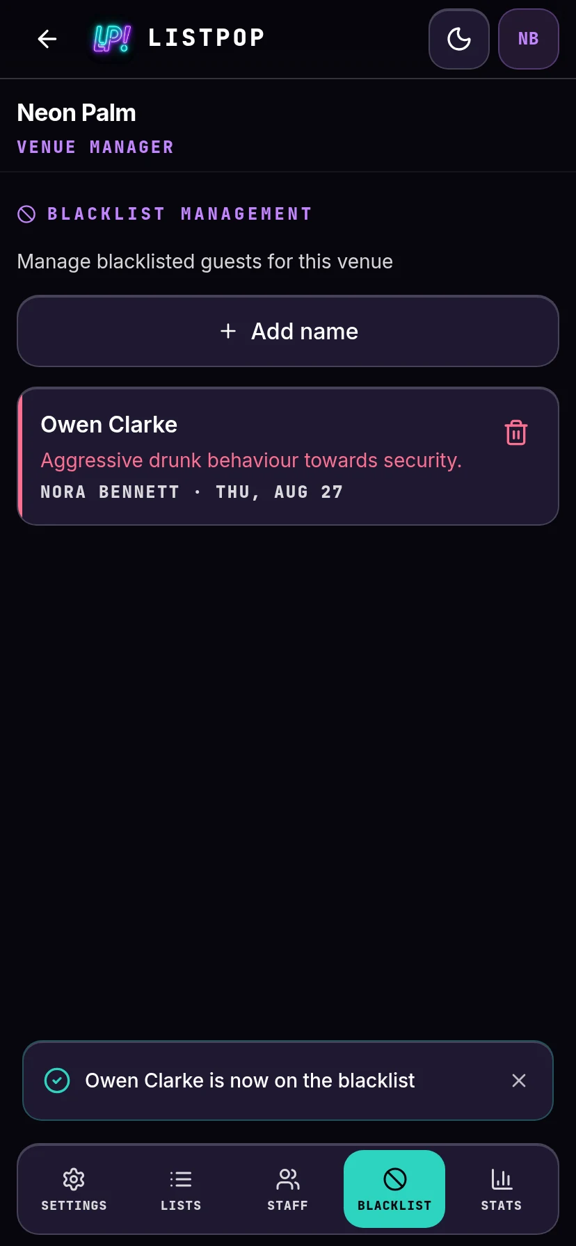 A blacklist entry saved