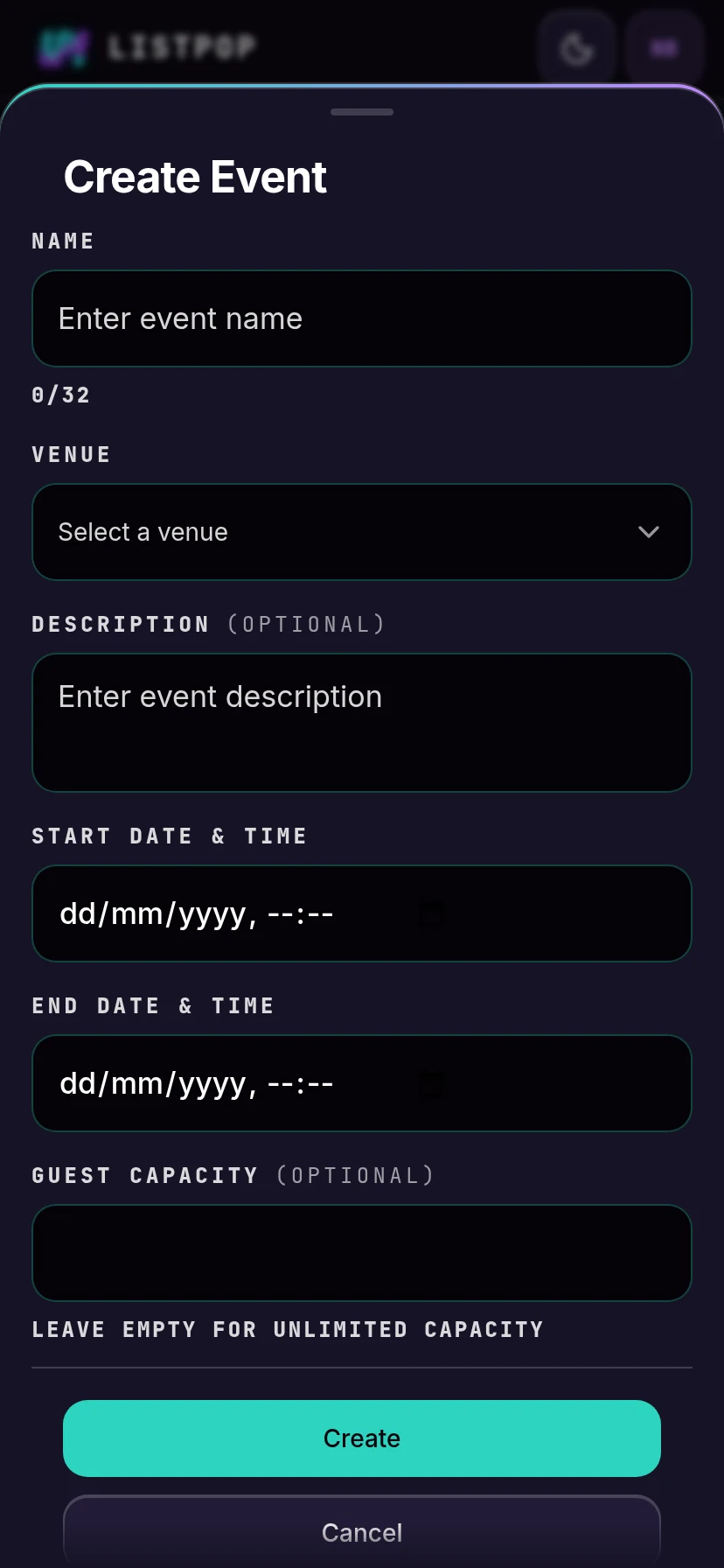 Empty create event sheet