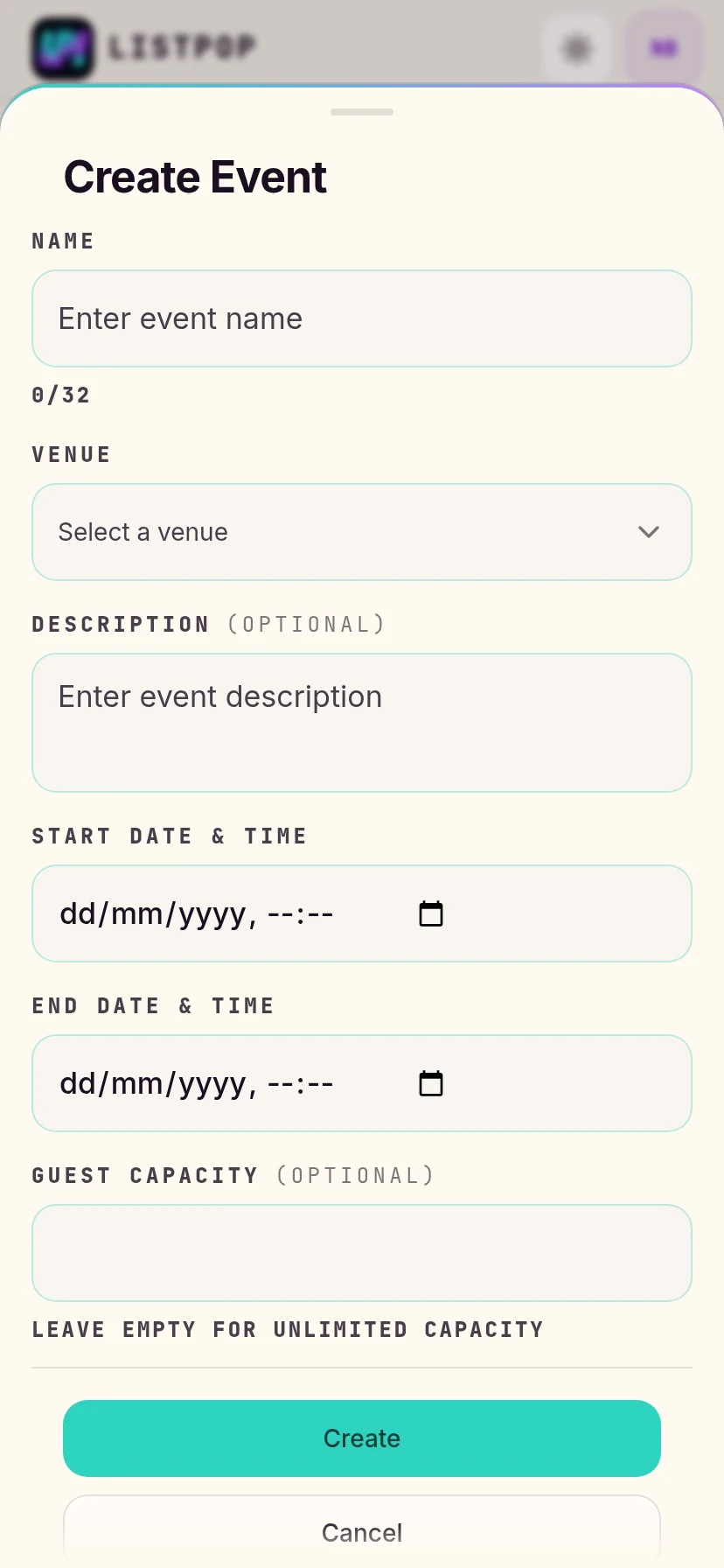 Empty create event sheet