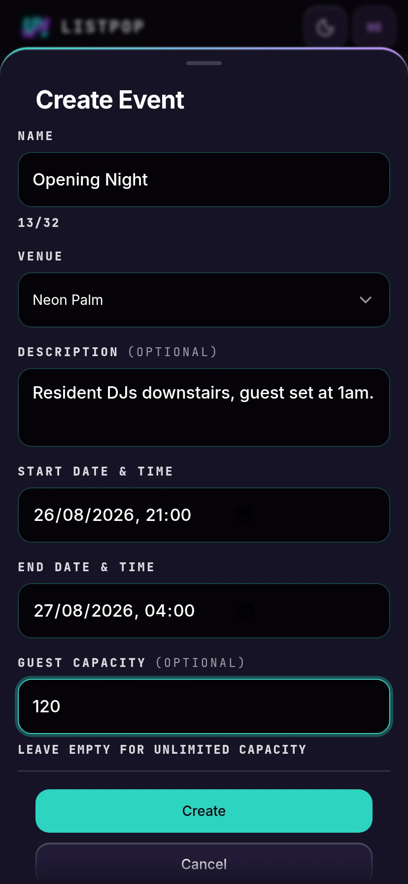 Event form filled in