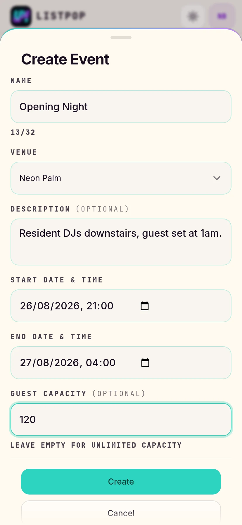 Event form filled in