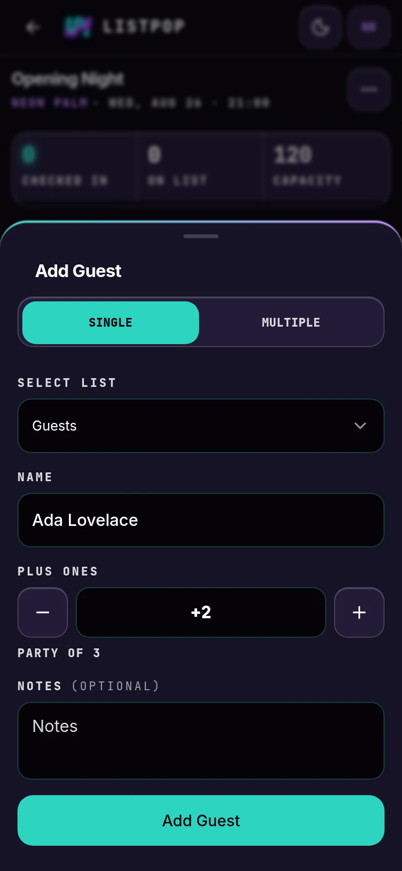 Single guest form with a name and two plus ones