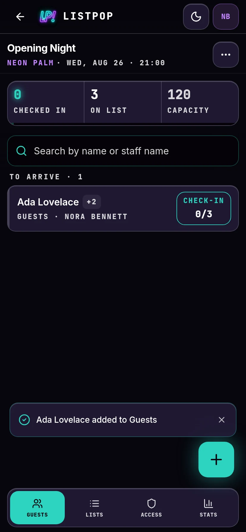 Confirmation that the guest was added