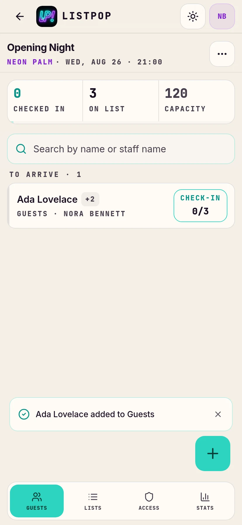 Confirmation that the guest was added