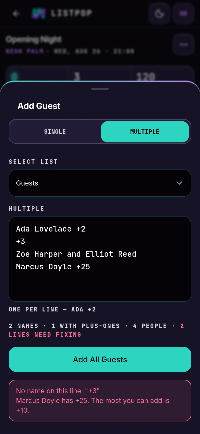 Messages naming each broken line