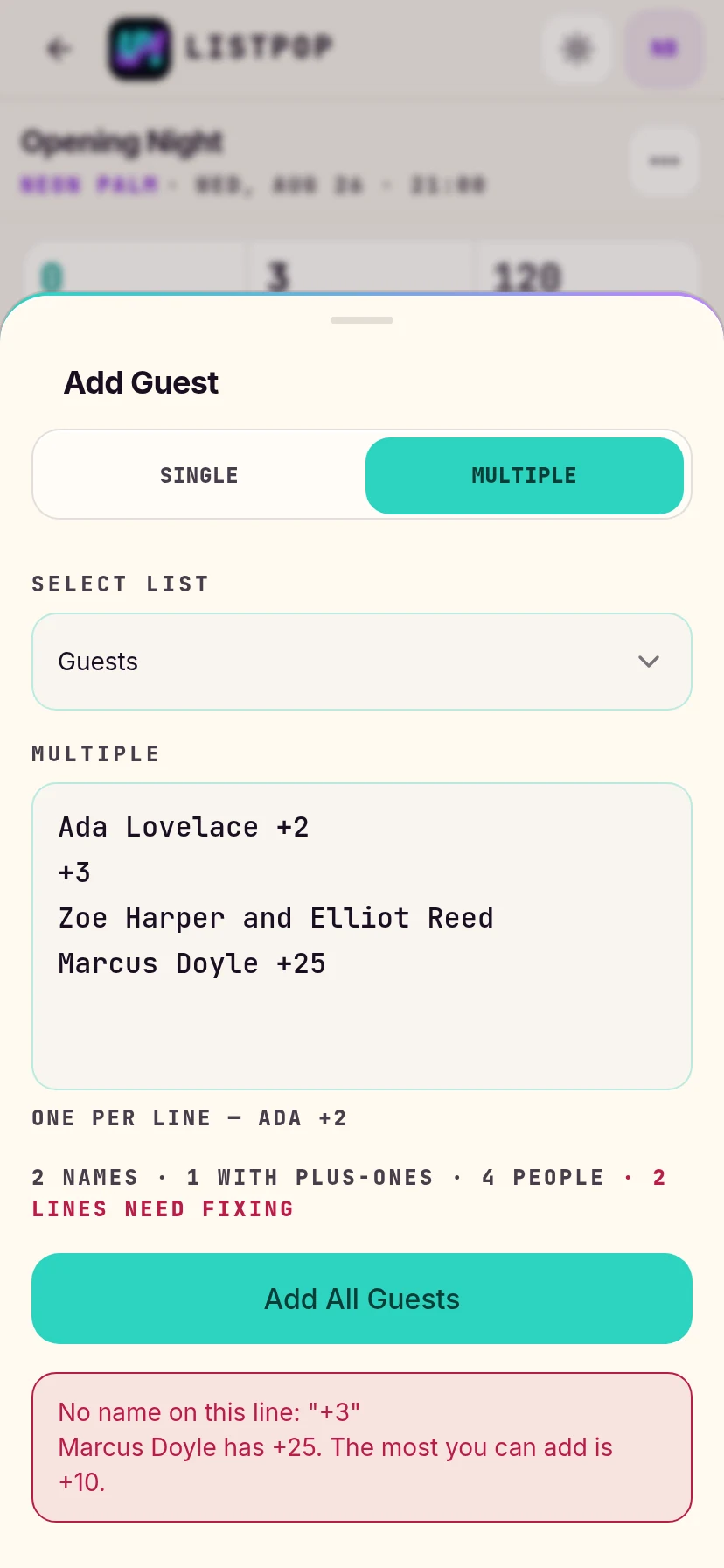 Messages naming each broken line