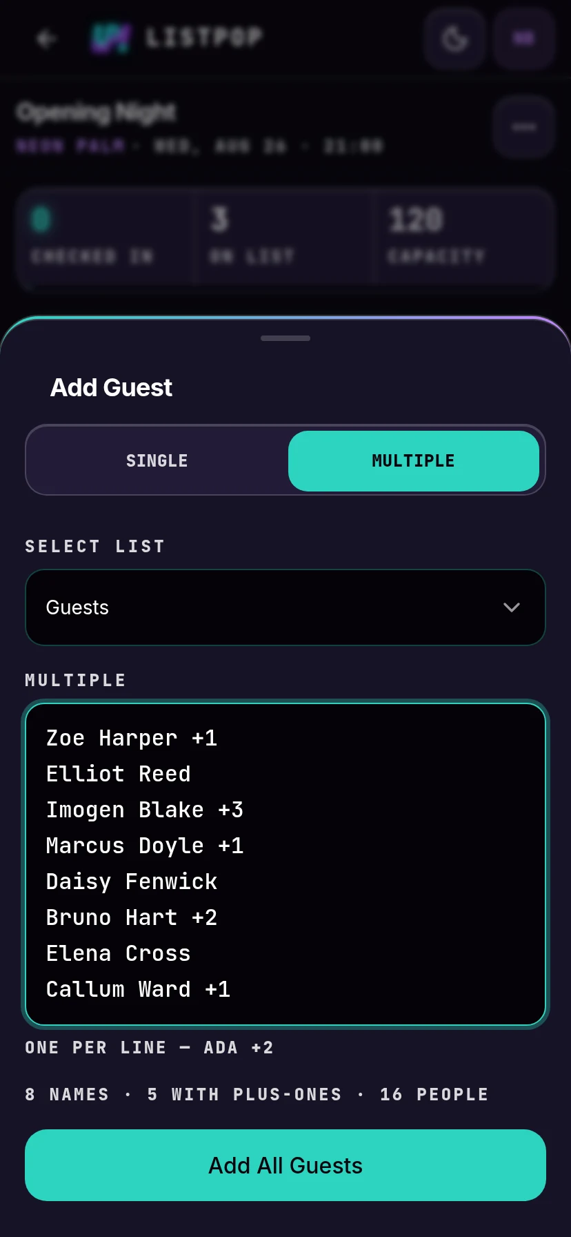 Paste box with eight names and a live summary