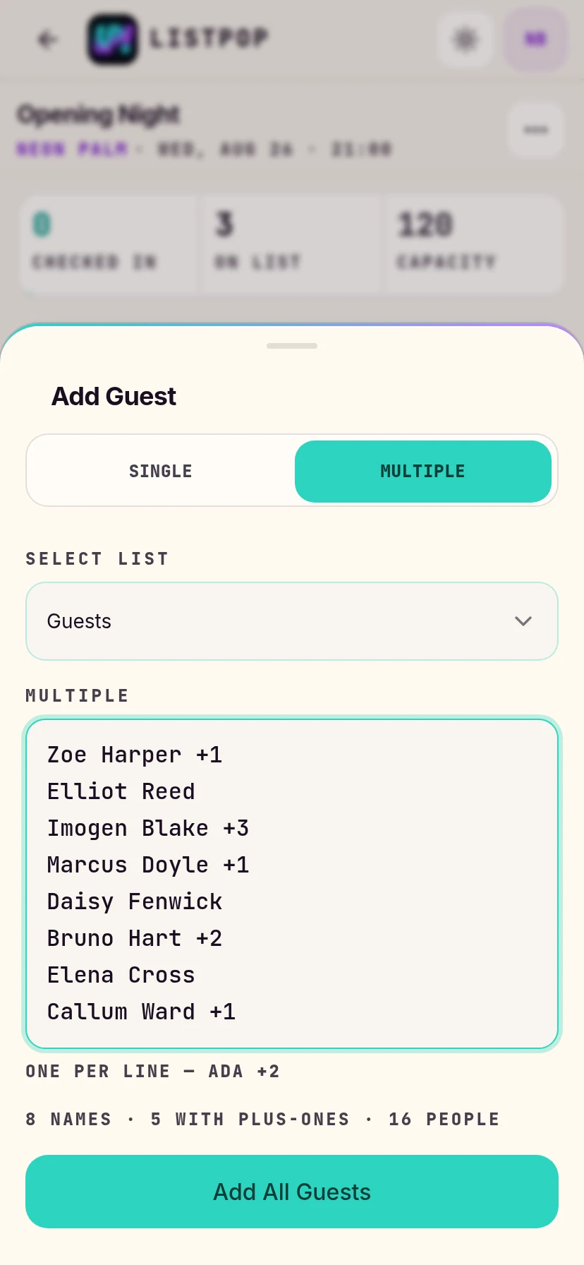 Paste box with eight names and a live summary