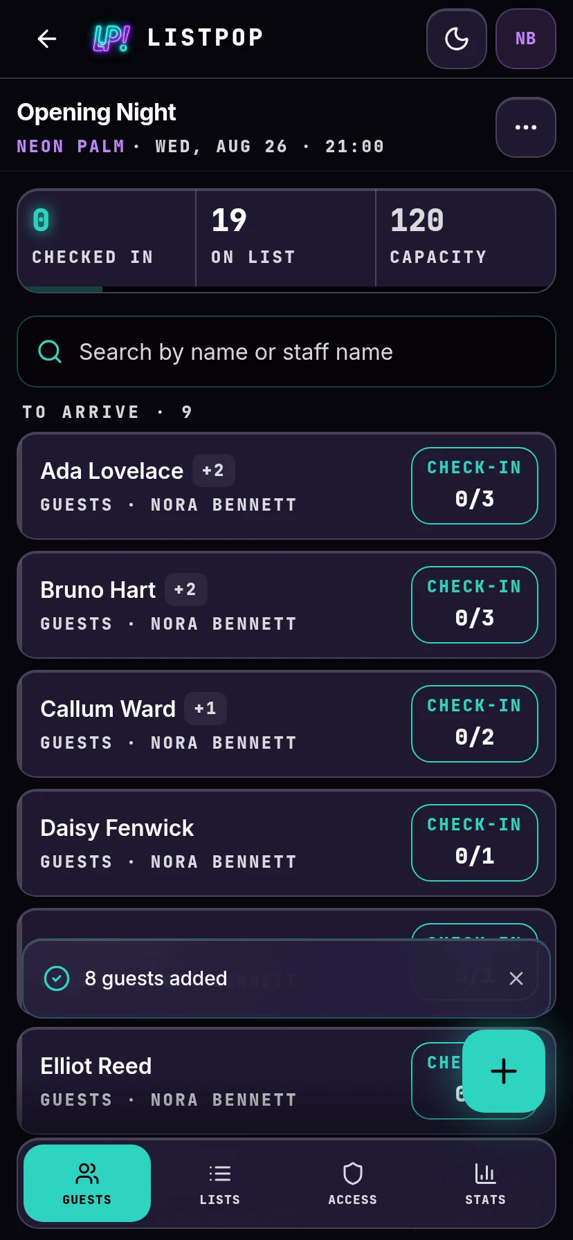 Eight guests added, list now populated