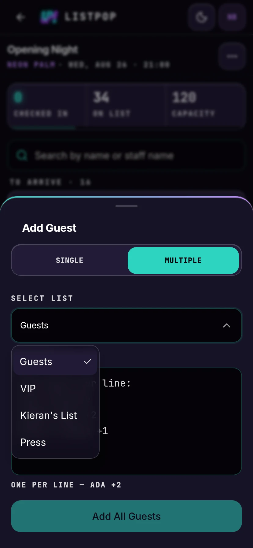 List picker open showing four lists