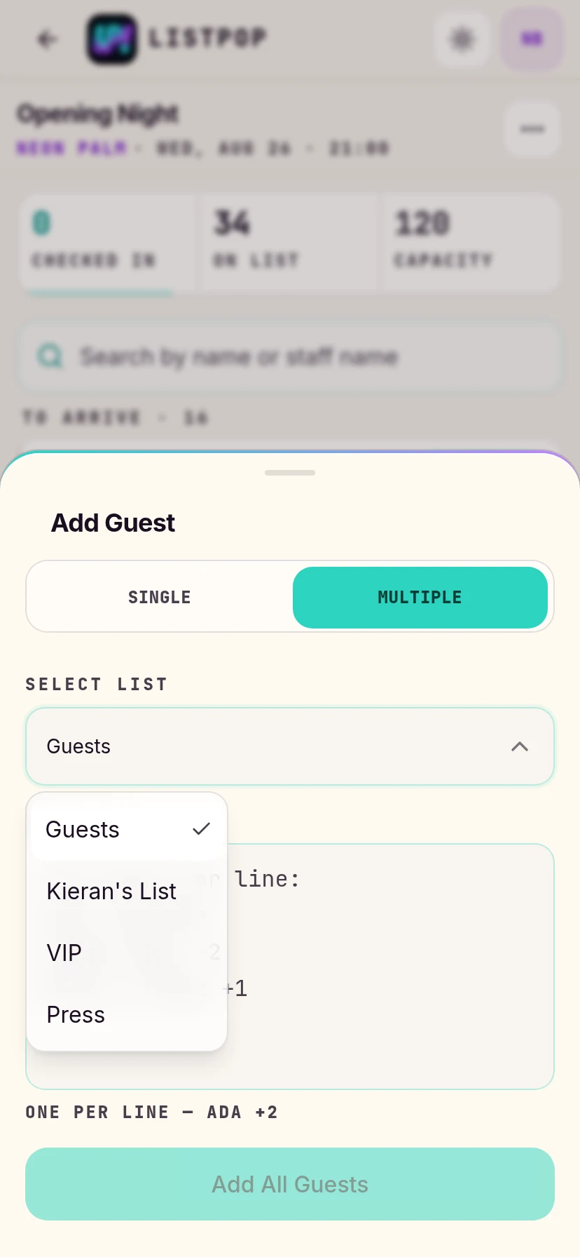 List picker open showing four lists