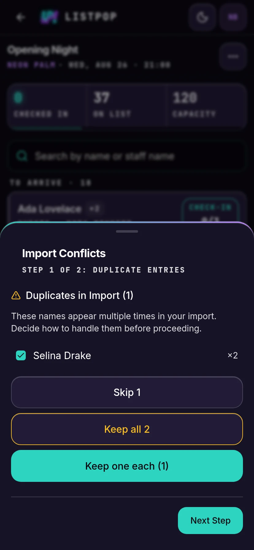 Step one of the conflict resolver showing a duplicated name