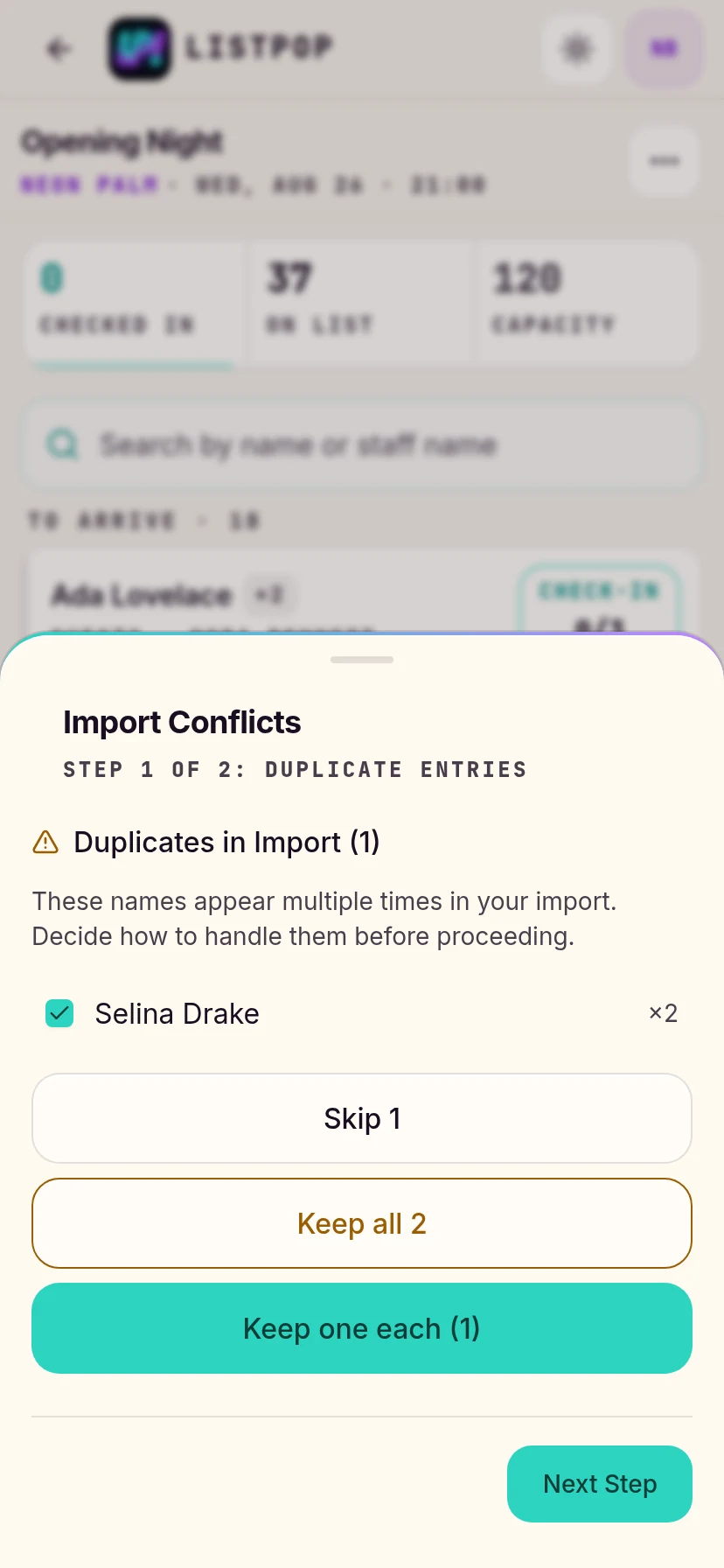 Step one of the conflict resolver showing a duplicated name