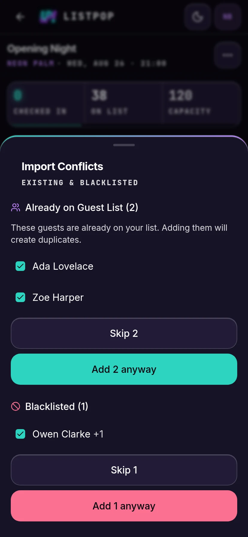 Step two showing names already on the list and a banned name
