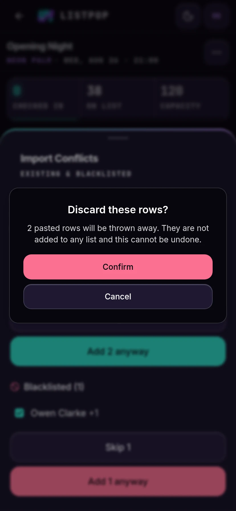 Confirmation before discarding rows