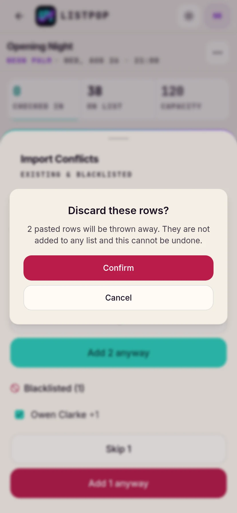 Confirmation before discarding rows