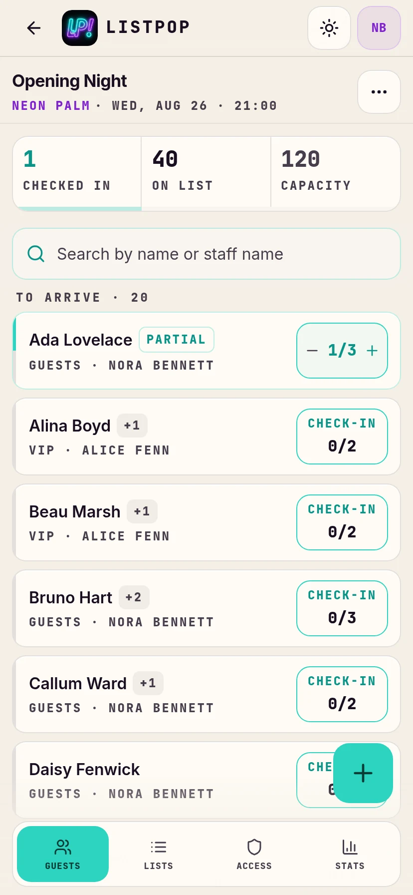 A guest marked partial after one person checked in