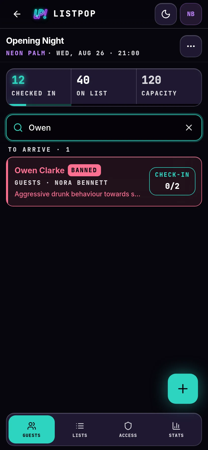 A banned guest highlighted in red on the list