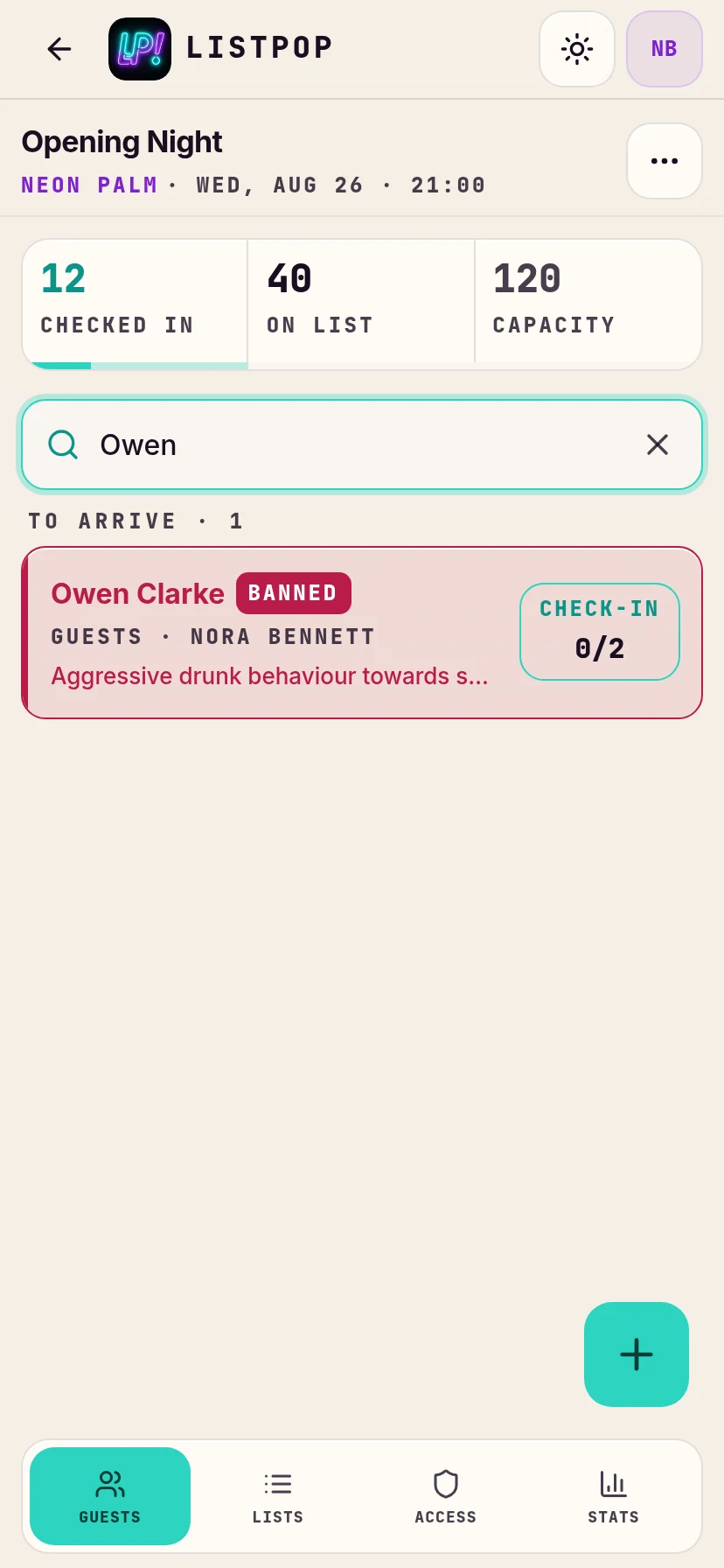 A banned guest highlighted in red on the list